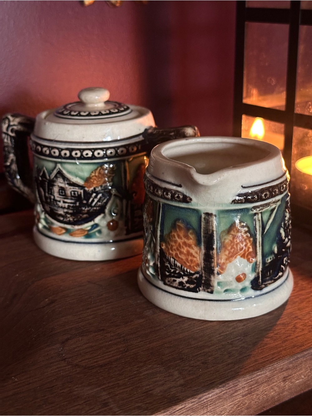 MCM 1950s German Alpine Hand-Painted Ceramic Creamer and Sugar Set